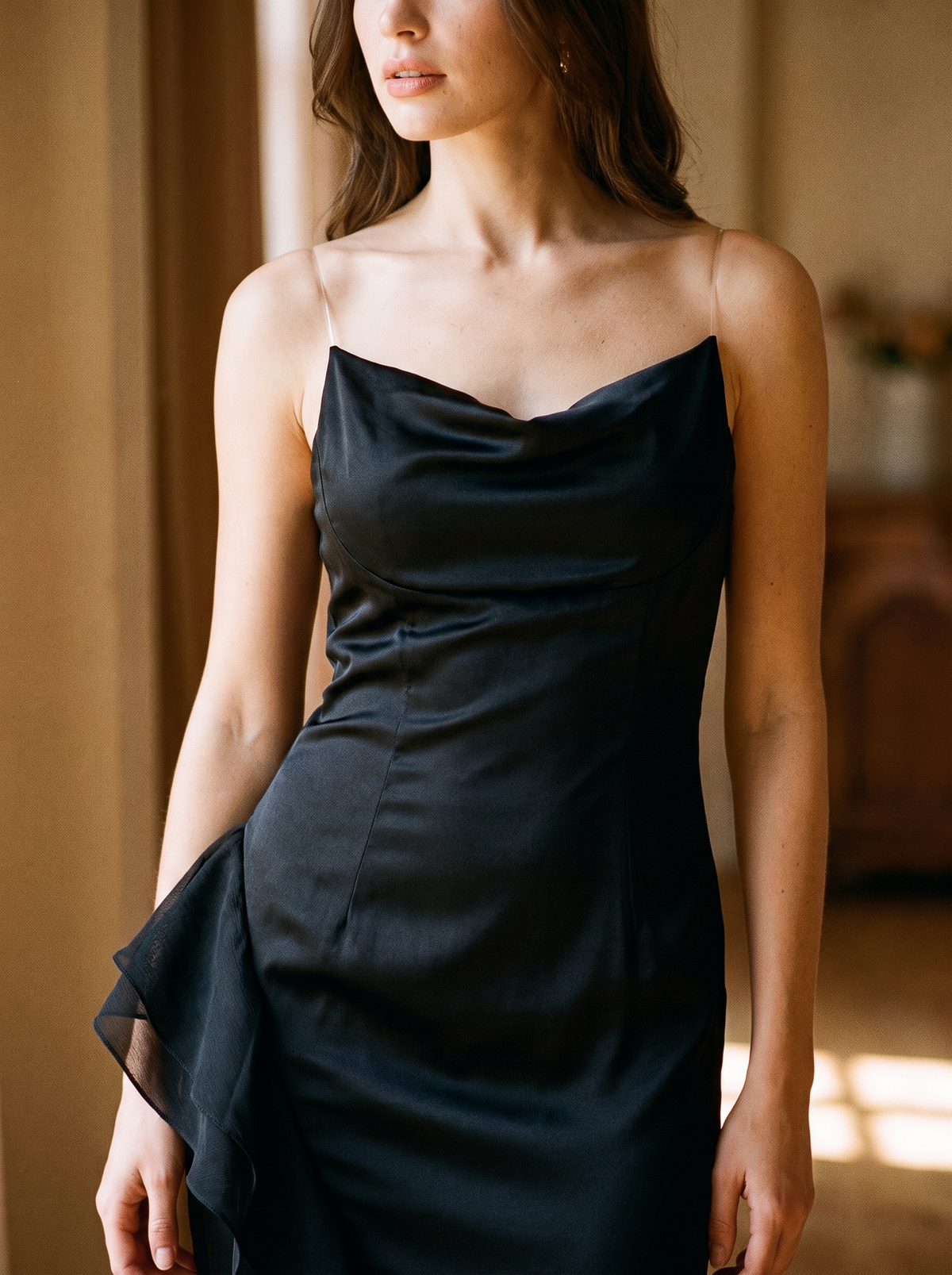 Fine spaghetti straps and neckline on the ruffle maxi dress