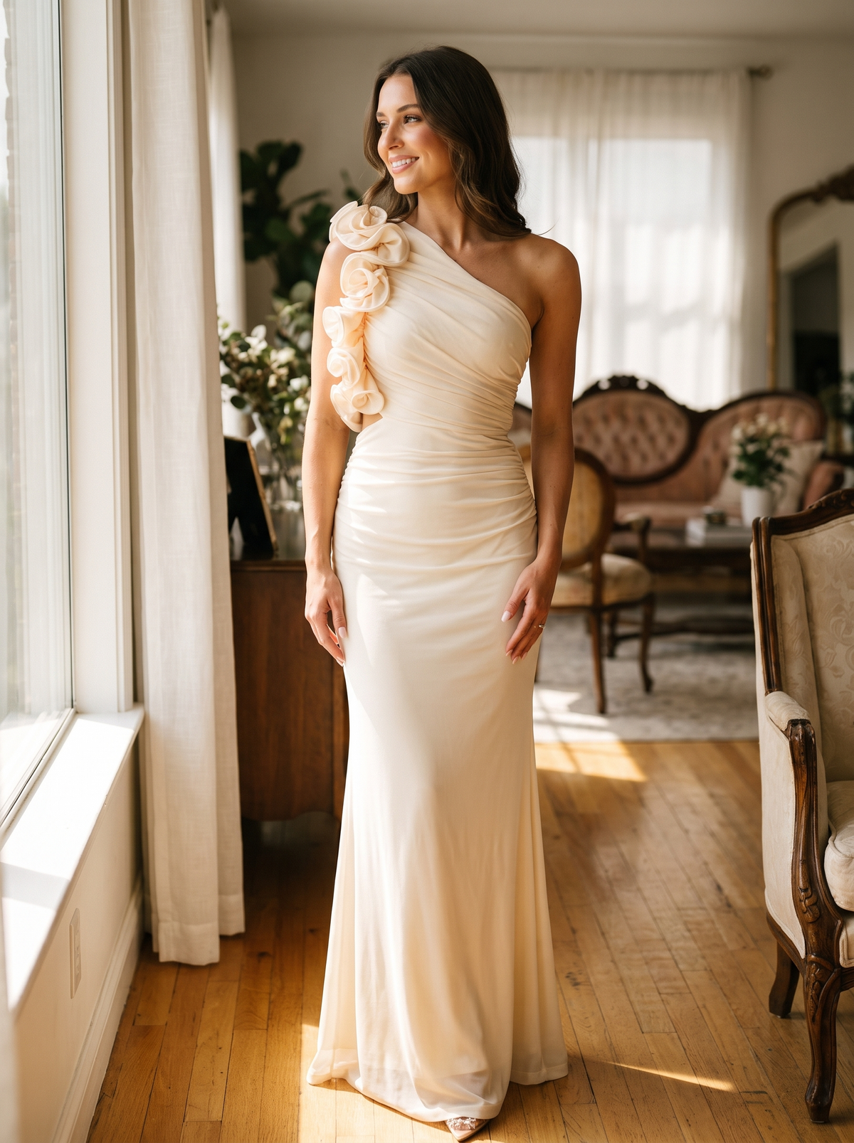 Ruched waist and full length of the floral trim maxi gown