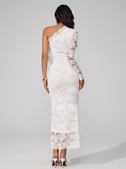 One-shoulder lace cut-out midi dress, back view