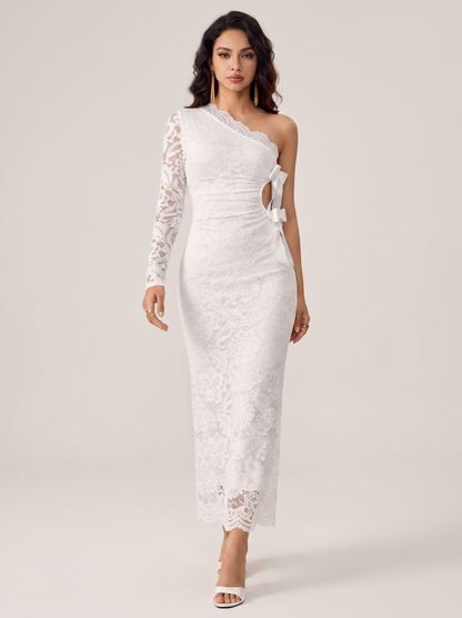 One-shoulder lace cut-out midi dress, walking pose