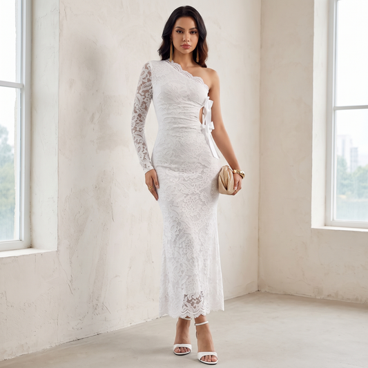 One-shoulder lace cut-out midi dress, full length editorial