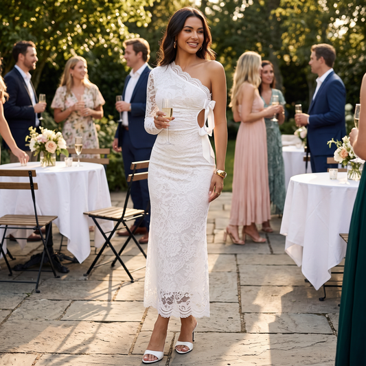 One-shoulder lace cut-out midi dress, lifestyle