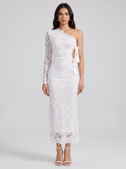 One-shoulder lace cut-out midi dress, front view