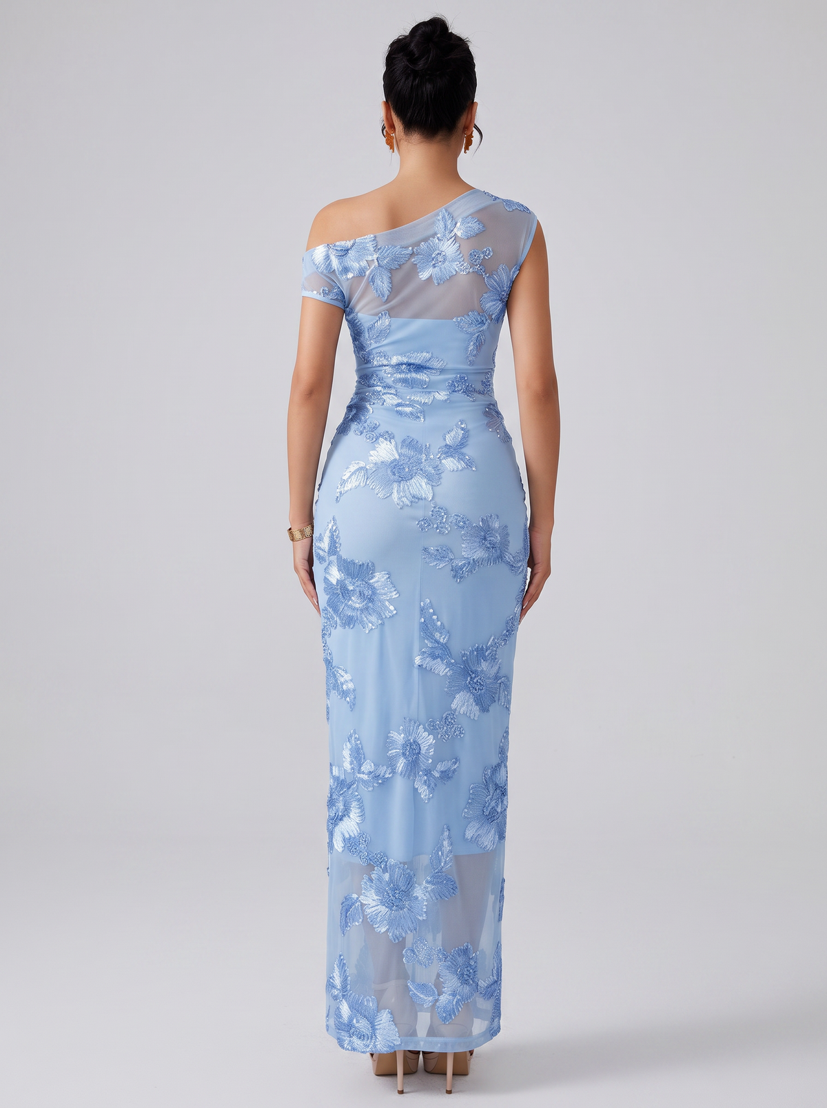 Embroidered one shoulder maxi dress, back view