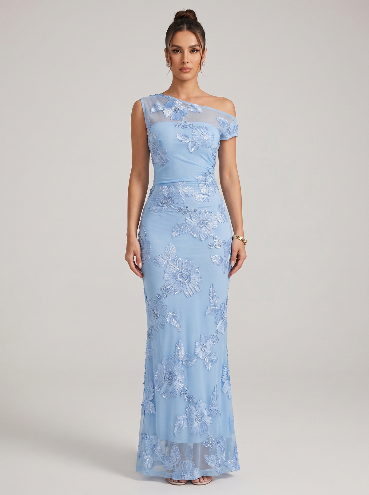 Embroidered one shoulder maxi dress, front view