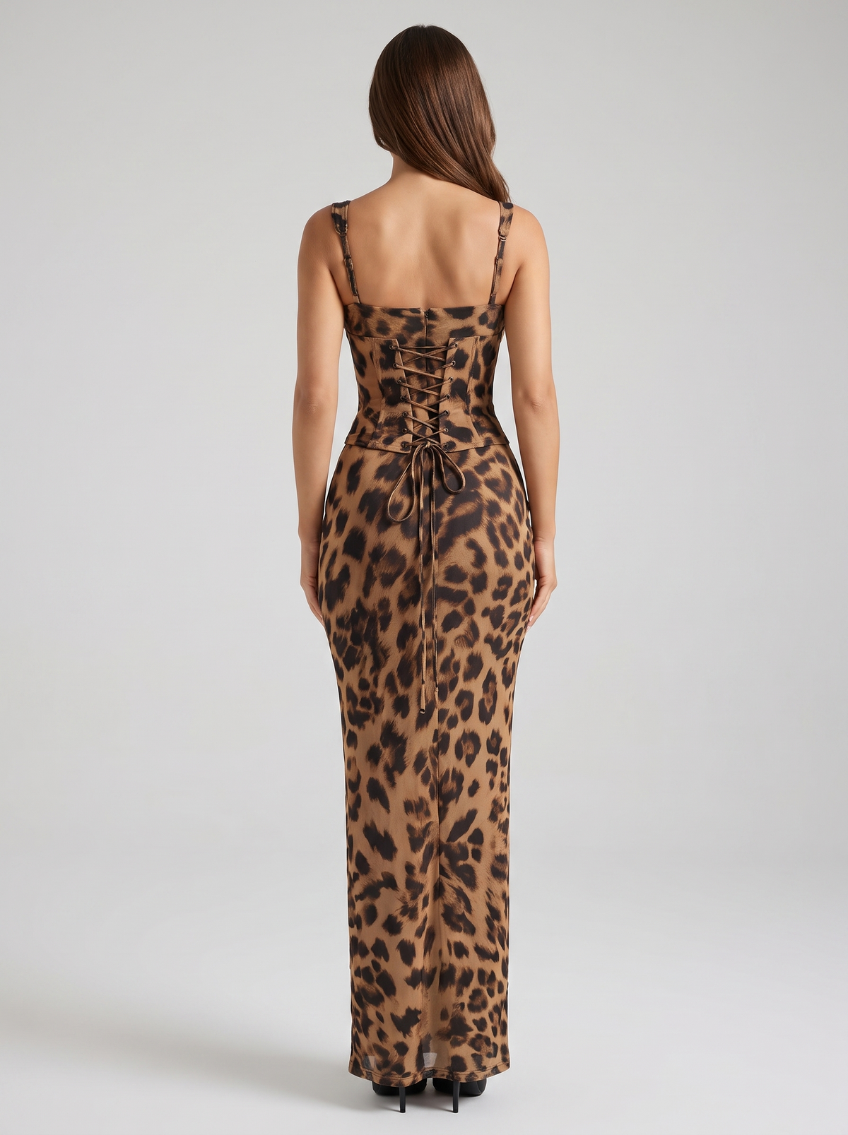 Leopard sweetheart neck maxi dress, back view