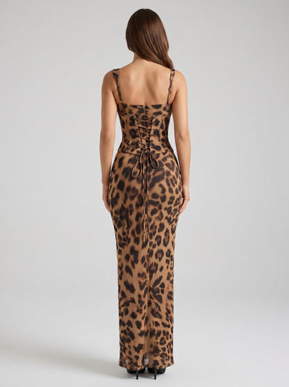 Leopard sweetheart neck maxi dress, back view