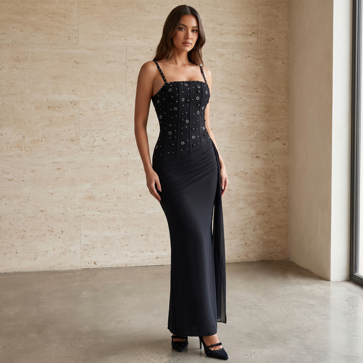 Rhinestone slit maxi dress with draping detail, full length editorial
