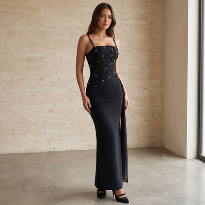 Rhinestone slit maxi dress with draping detail, full length editorial