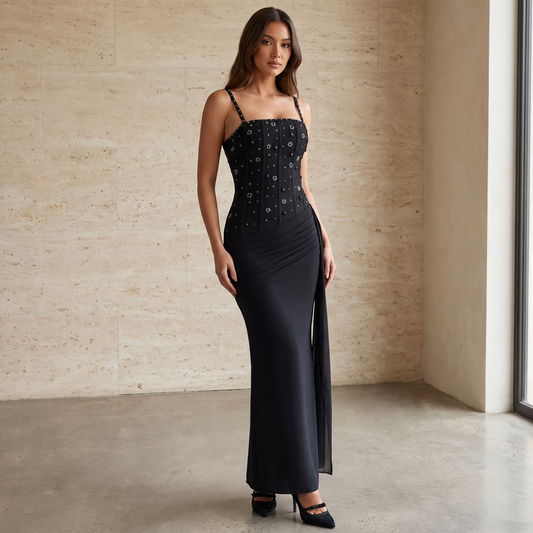 Rhinestone slit maxi dress with draping detail, full length editorial