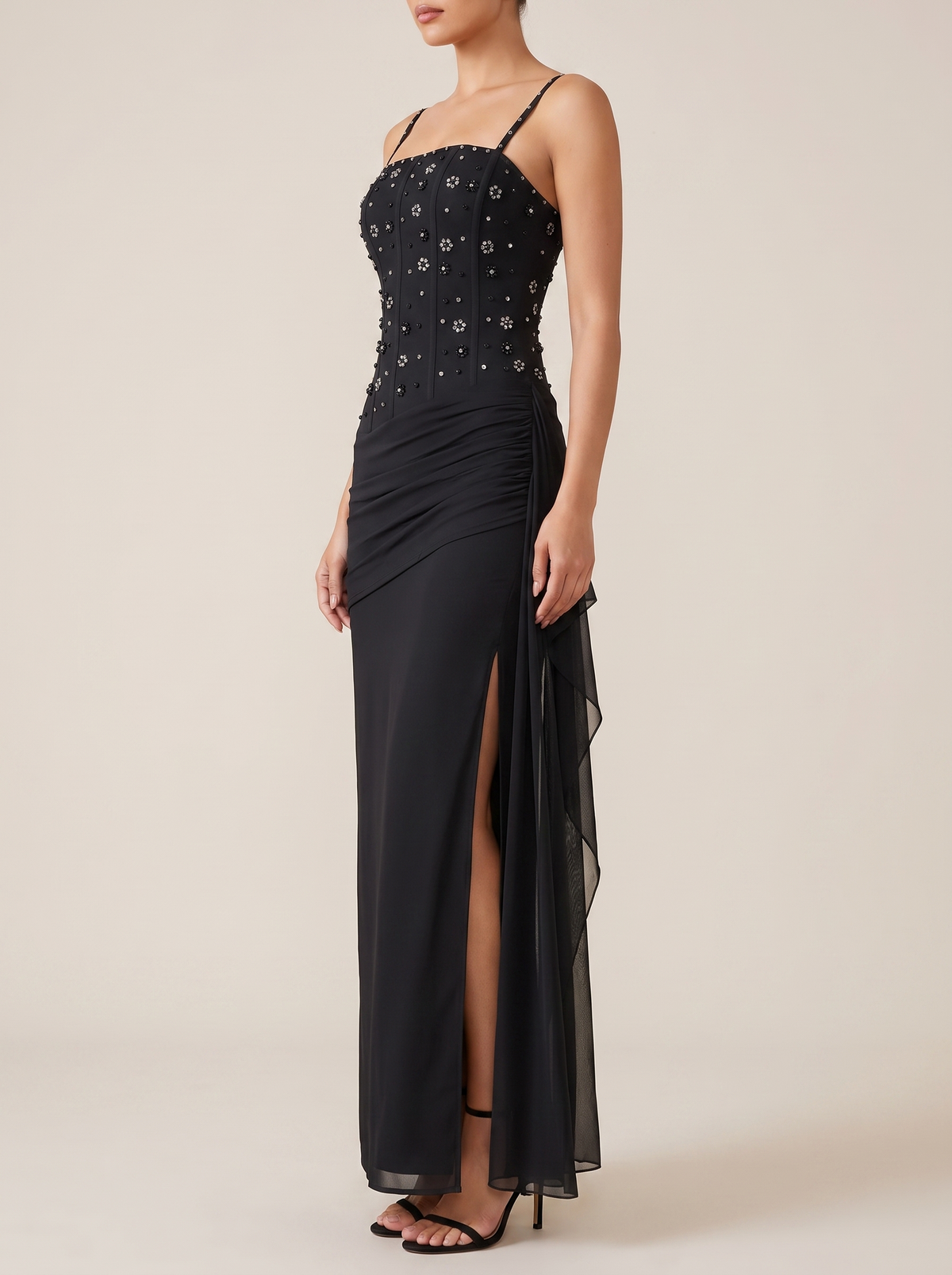 Rhinestone slit maxi dress with draping detail, side view