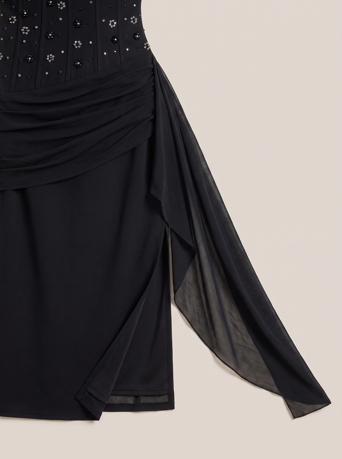 Rhinestone slit maxi dress with draping detail, fabric detail