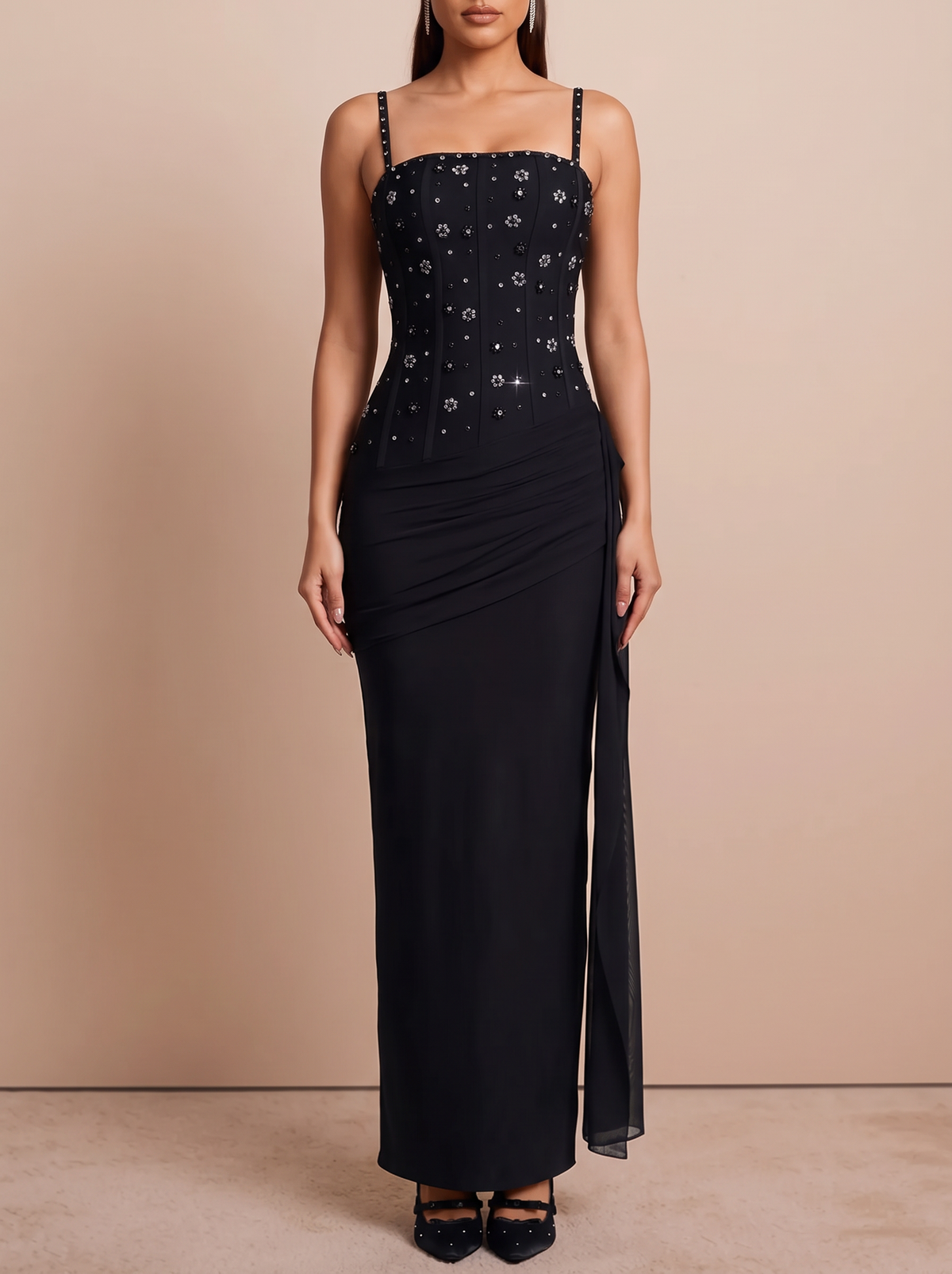 Rhinestone slit maxi dress with draping detail, front view