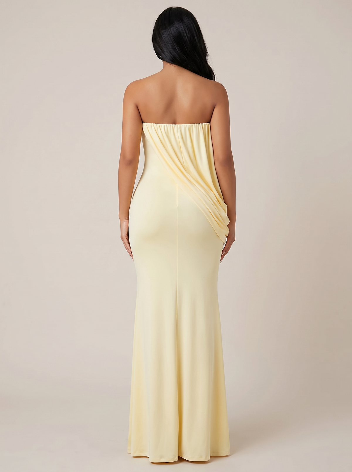 Strapless draped maxi dress, back view