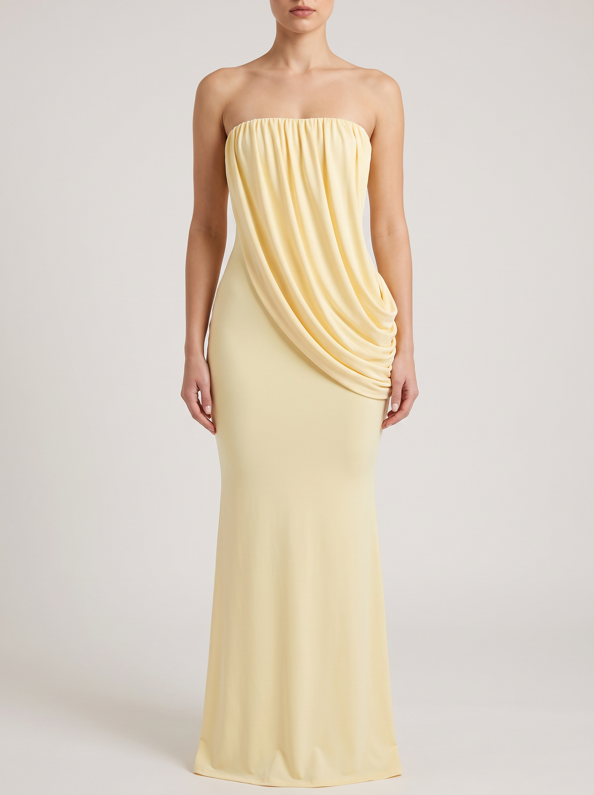 Strapless draped maxi dress, bodice detail