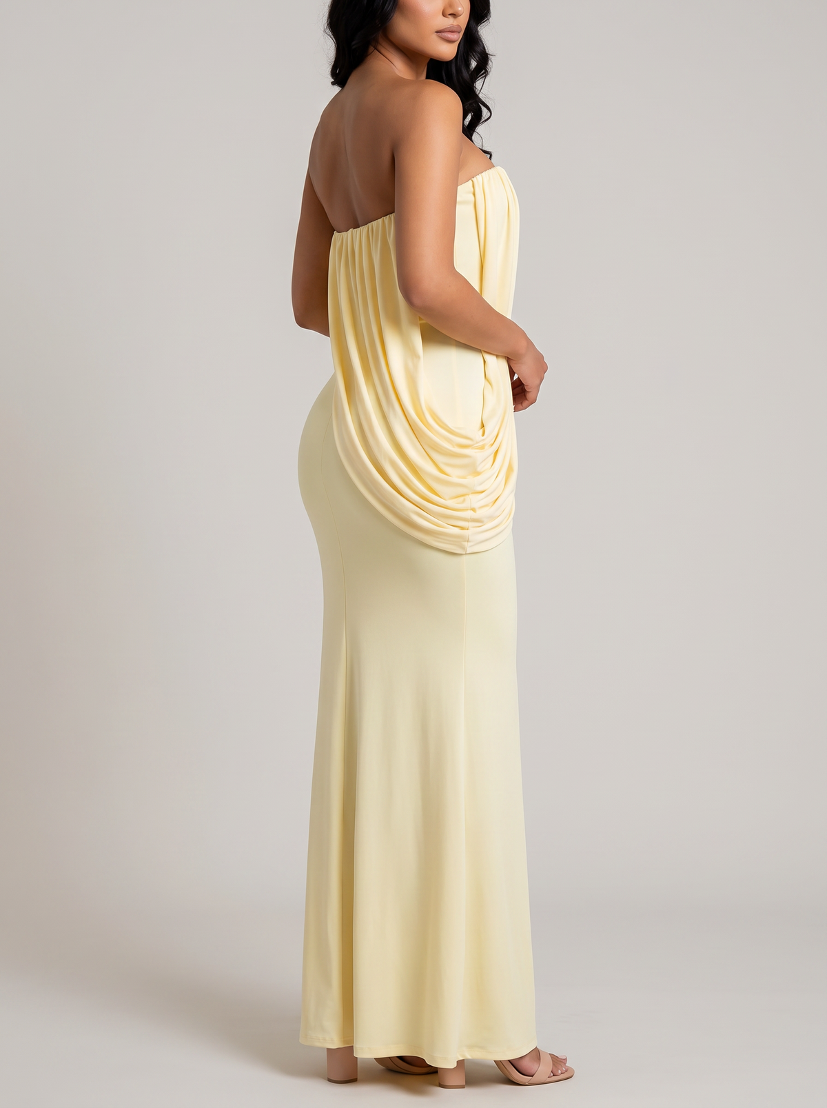 Strapless draped maxi dress, side view