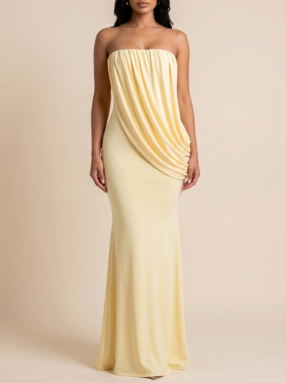 Strapless draped maxi dress, front view