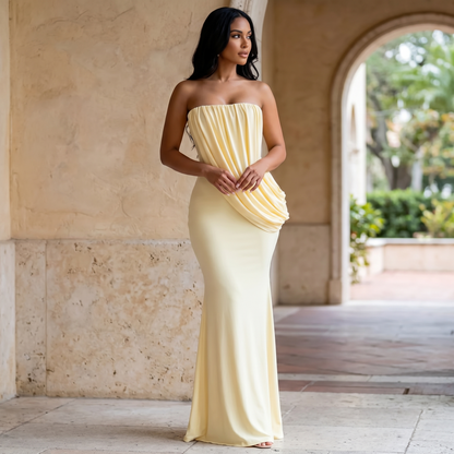 Strapless draped maxi dress, full length editorial