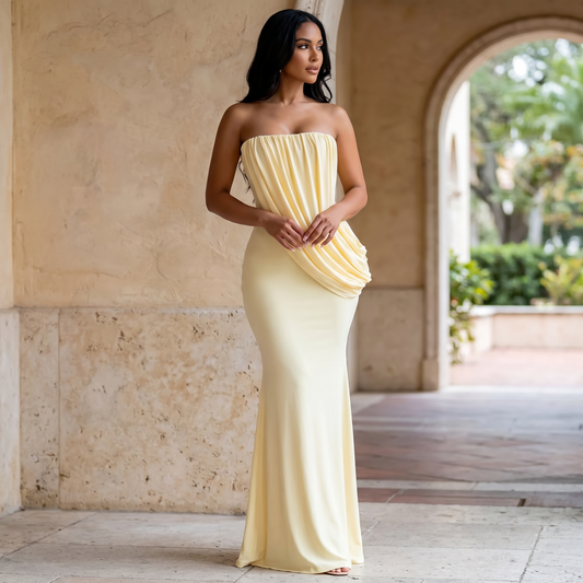 Strapless draped maxi dress, full length editorial
