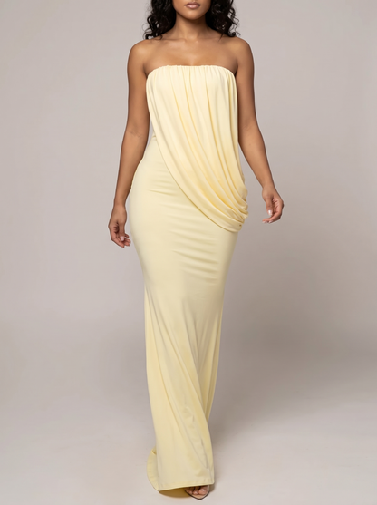 Strapless draped maxi dress, walking pose
