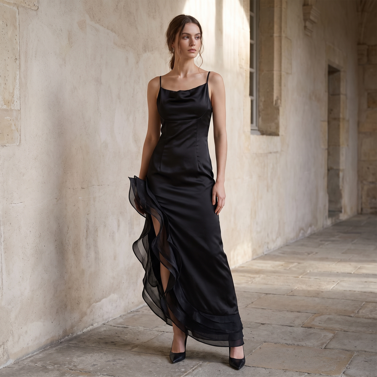 Spaghetti strap ruffle slit maxi dress, full length editorial