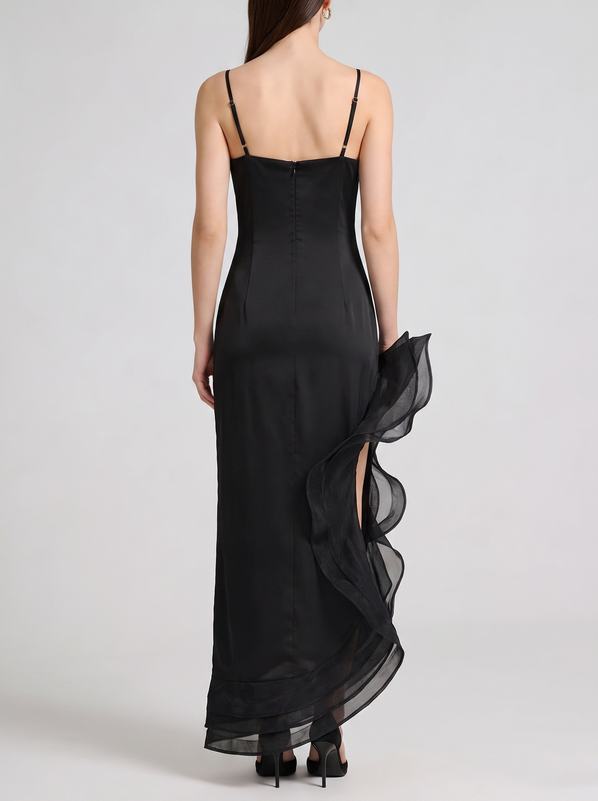Spaghetti strap ruffle slit maxi dress, back view