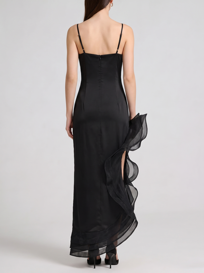 Spaghetti strap ruffle slit maxi dress, back view