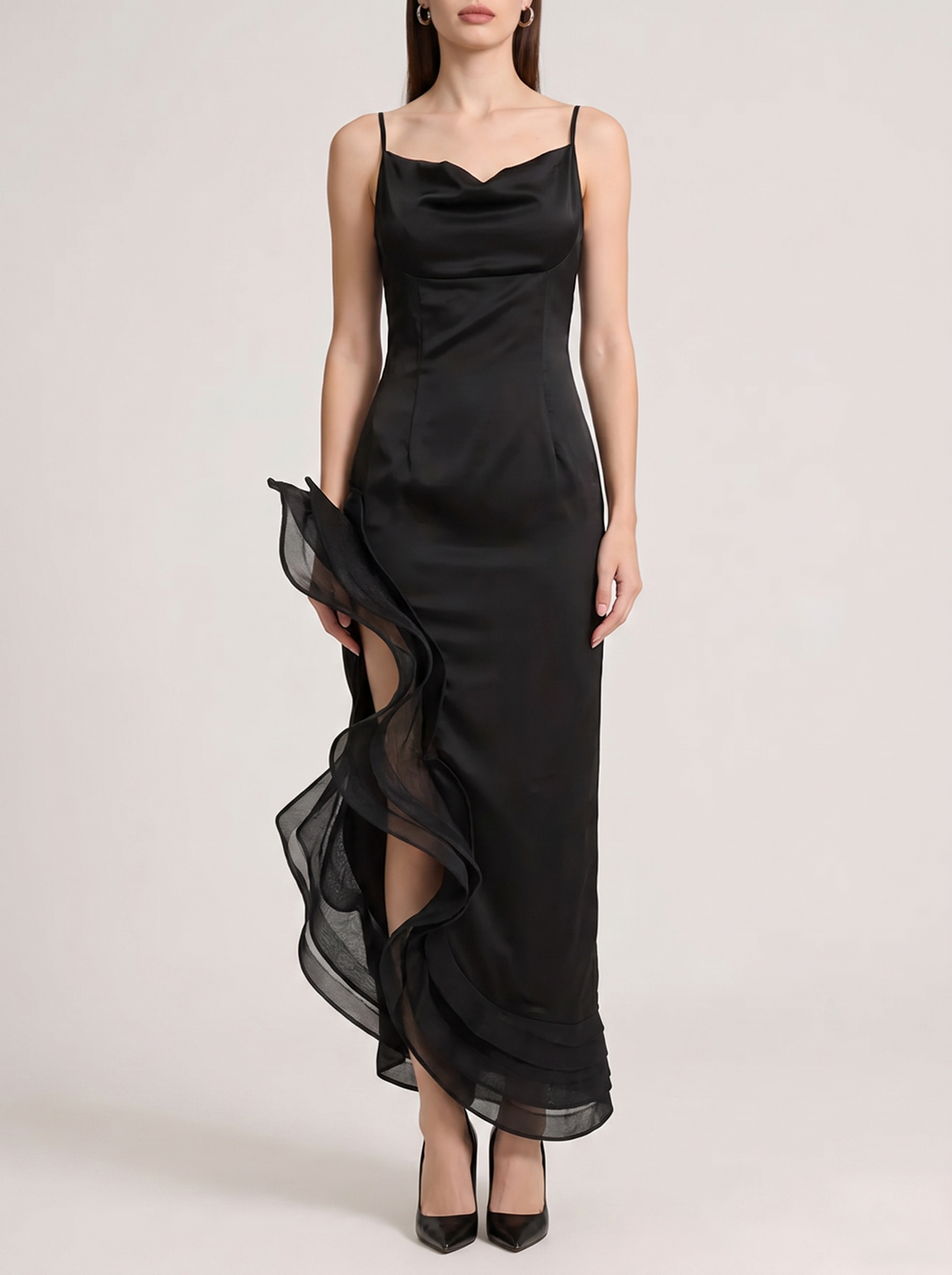 Spaghetti strap ruffle slit maxi dress, front view