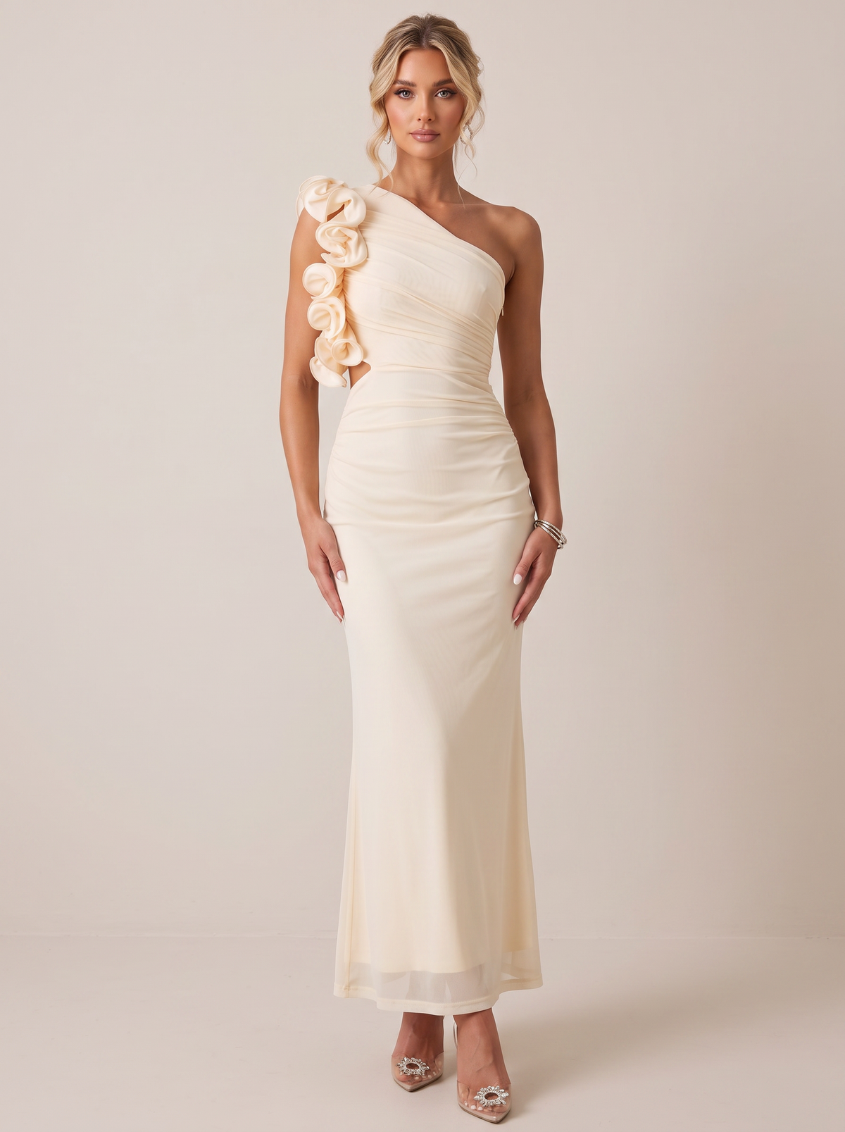One-shoulder floral trim sleeveless maxi dress, front view