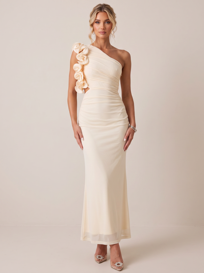 One-shoulder floral trim sleeveless maxi dress, front view