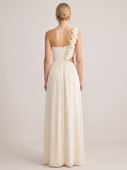 One-shoulder floral trim sleeveless maxi dress, back view