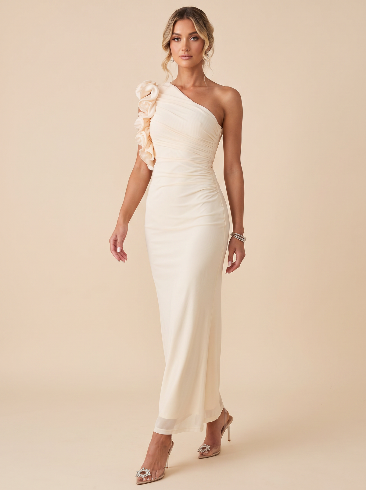 One-shoulder floral trim sleeveless maxi dress, walking pose