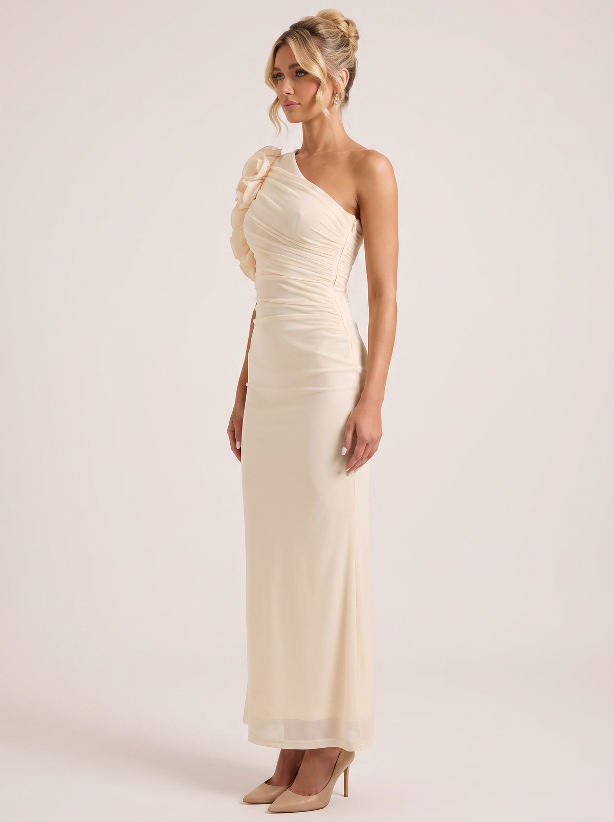 One-shoulder floral trim sleeveless maxi dress, side view