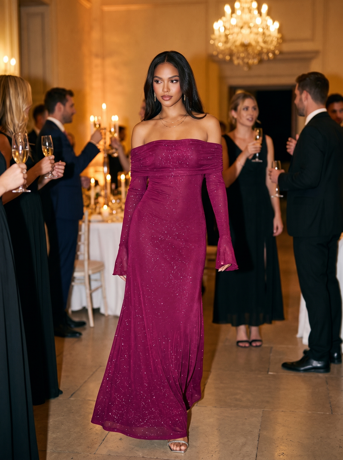 Full floor length silhouette of the glitter off shoulder maxi gown