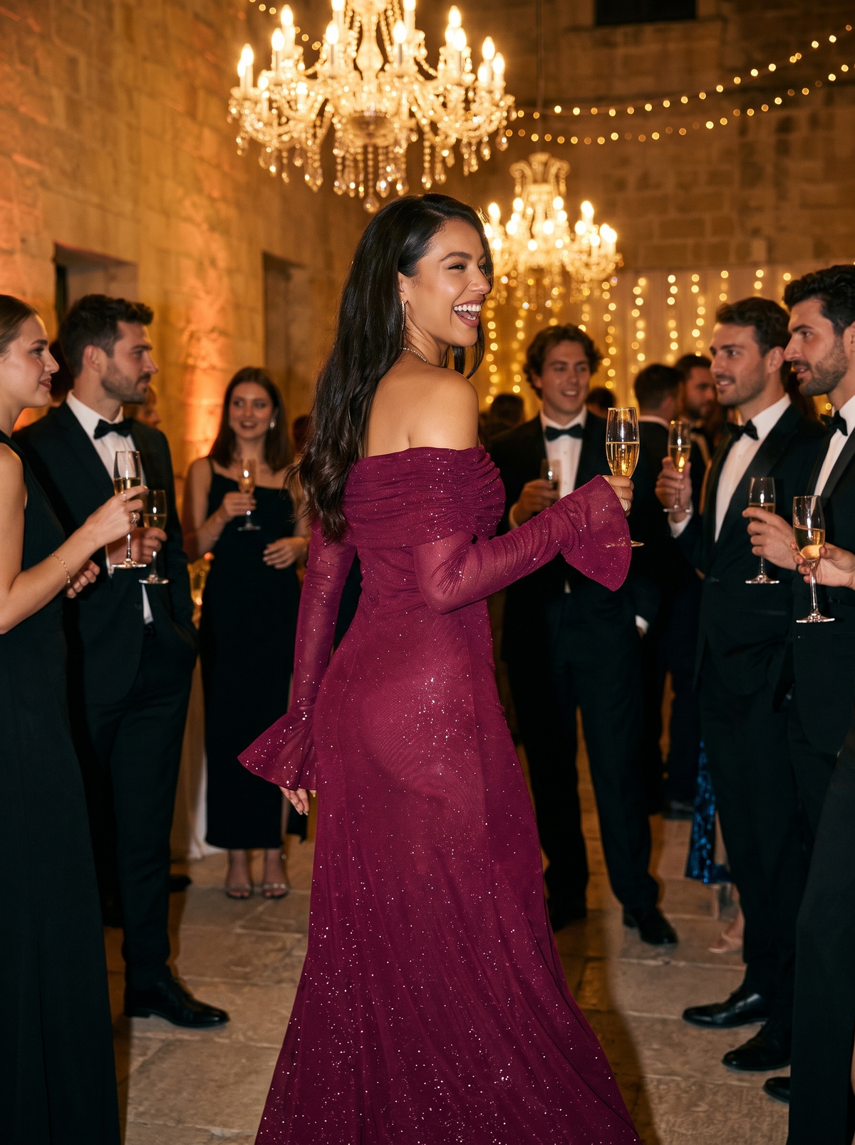 Glitter off shoulder maxi gown at a formal evening gala
